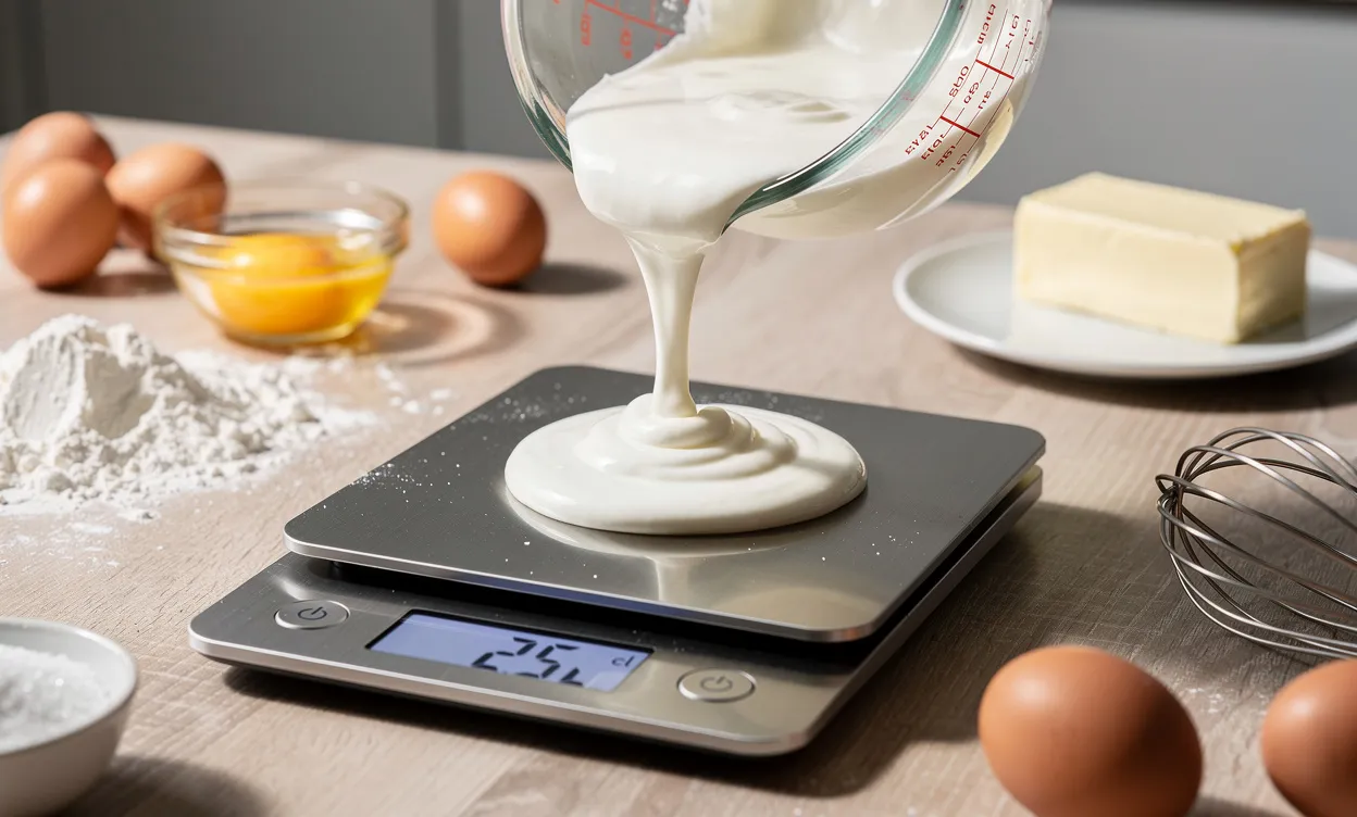 Un verre doseur verse 25 cl de crème épaisse sur une balance de cuisine numérique, entouré d’ingrédients frais sur un plan de travail en bois clair.