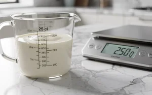 Un verre doseur rempli de crème liquide jusqu’à 25 cl est posé à côté d’une balance de cuisine sur un plan de travail en marbre éclairé par la lumière du jour.