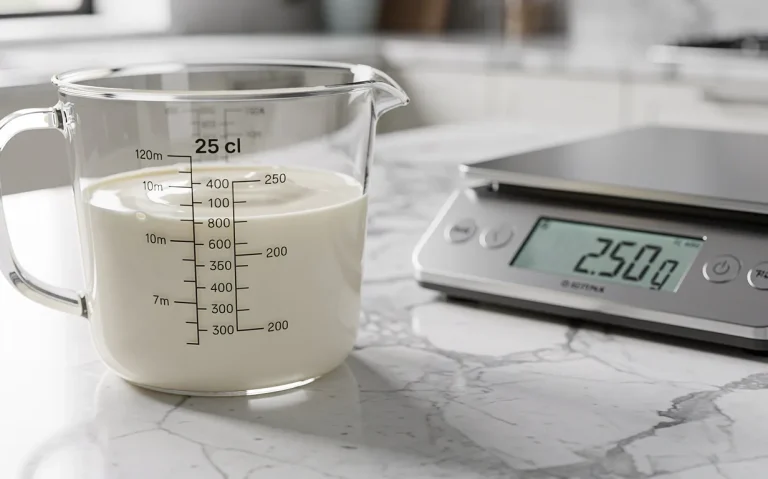 Un verre doseur rempli de crème liquide jusqu’à 25 cl est posé à côté d’une balance de cuisine sur un plan de travail en marbre éclairé par la lumière du jour.