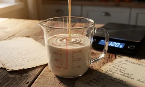Un verre doseur est rempli d’un liquide crémeux sur un plan de travail en bois avec des fiches de recettes et une balance numérique.