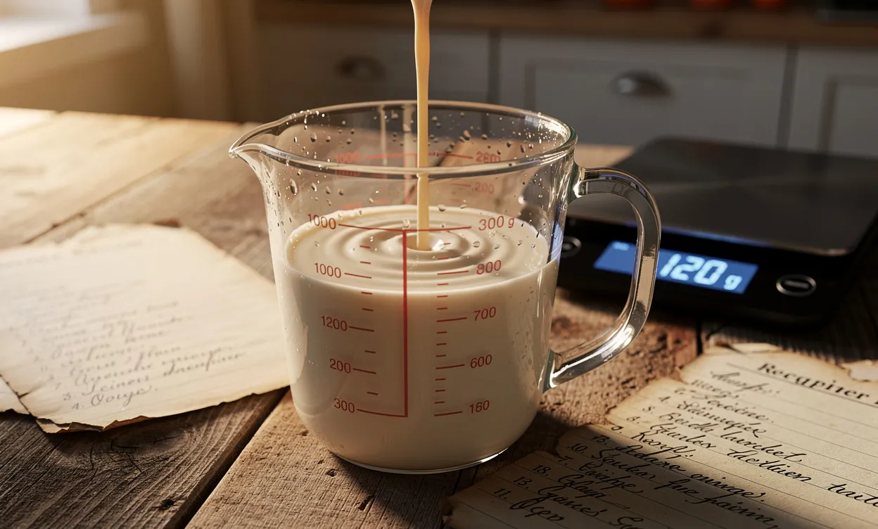 Un verre doseur est rempli d’un liquide crémeux sur un plan de travail en bois avec des fiches de recettes et une balance numérique.