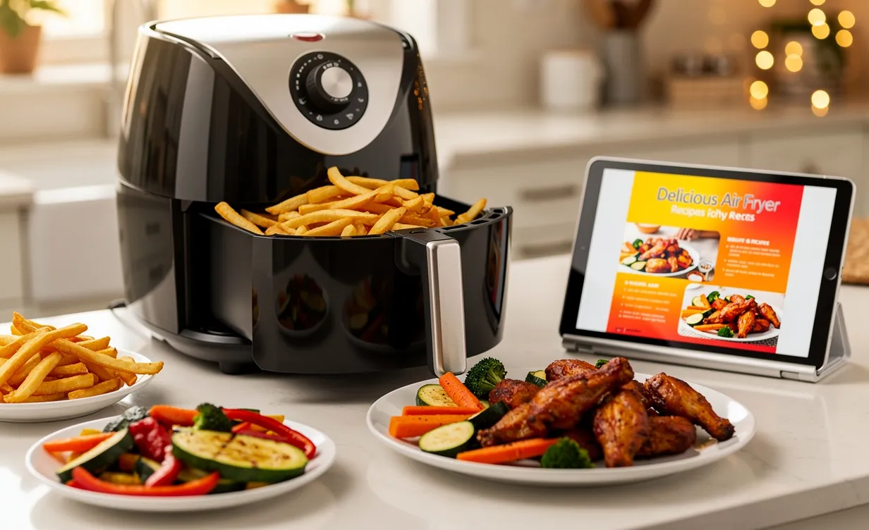 Une friteuse à air ouverte sur un plan de travail présente divers plats dorés comme des frites, des légumes rôtis et des ailes de poulet, avec une tablette affichant un guide de recettes PDF à côté.