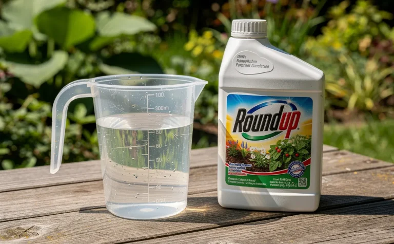 Un doseur rempli de liquide clair est posé à côté d’une bouteille de Roundup sur une table en bois, en extérieur avec de la végétation floue en arrière-plan.