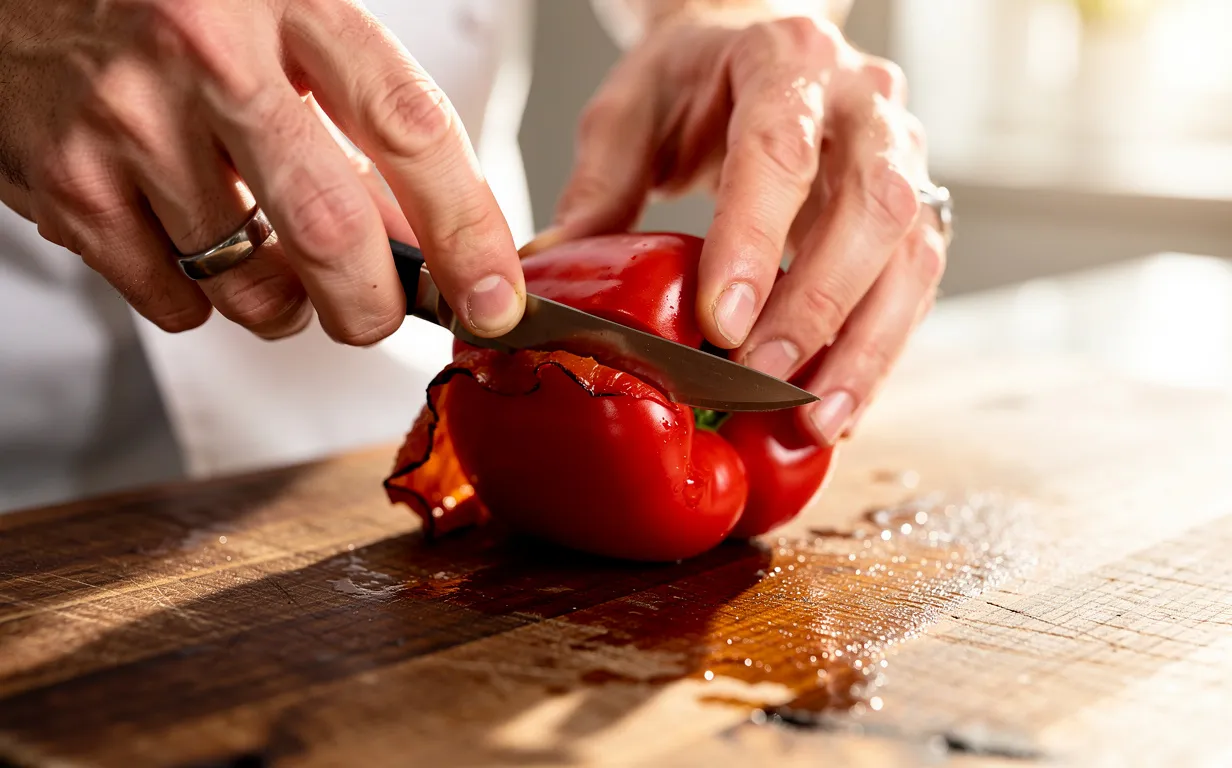Un chef épluche avec soin un poivron rouge sur une planche en bois sous une lumière naturelle.