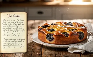 Un far breton doré avec des pruneaux repose sur une table en bois ancien à côté d’un carnet de recettes manuscrit, éclairé par une douce lumière matinale.
