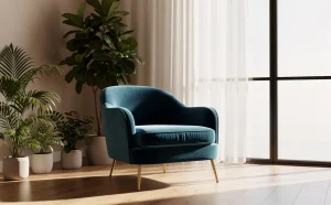 Un fauteuil en velours bleu canard est placé près de plantes vertes dans une pièce lumineuse avec de grandes fenêtres.