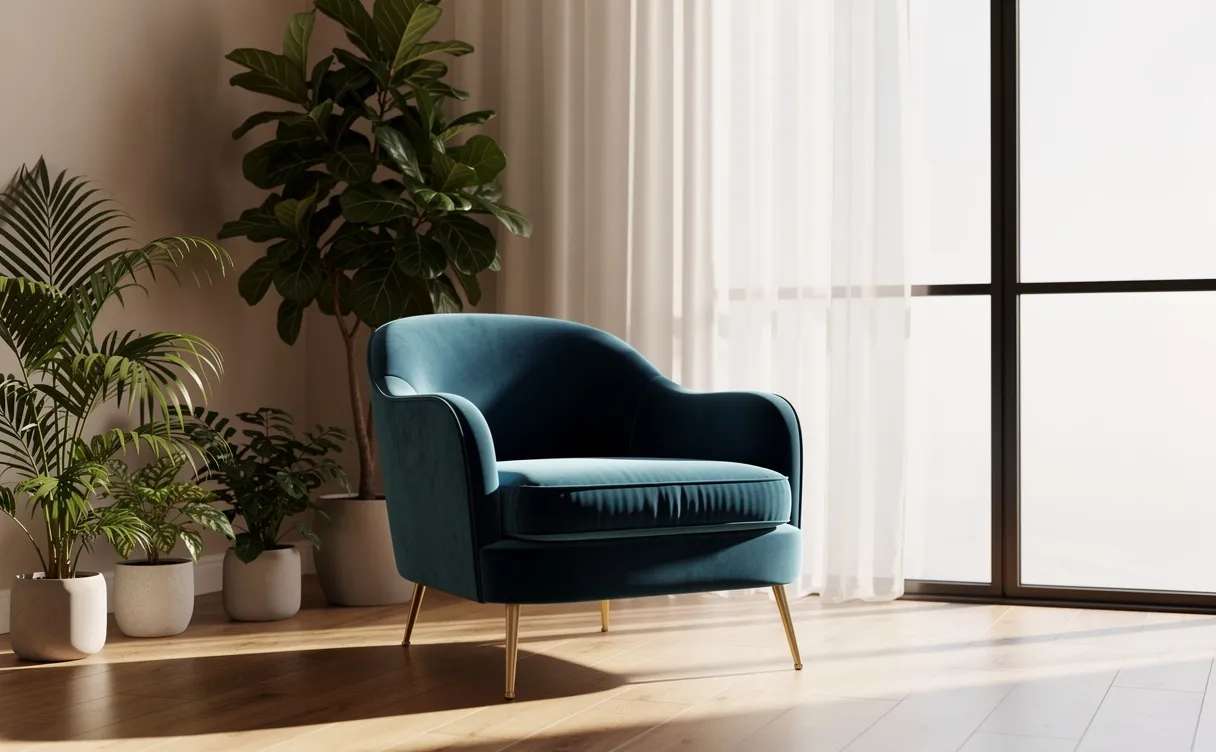 Un fauteuil en velours bleu canard est placé près de plantes vertes dans une pièce lumineuse avec de grandes fenêtres.