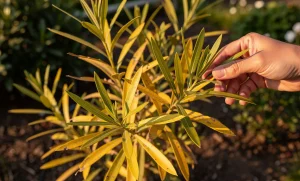 Un plant de laurier-rose aux feuilles jaunes et vertes est inspecté par une main dans un jardin baigné de lumière.