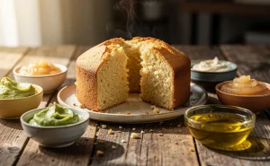 Un gâteau fraîchement coupé repose sur une table en bois avec des coupelles contenant des alternatives colorées au beurre comme l’avocat, la compote de pommes et l’huile d’olive.