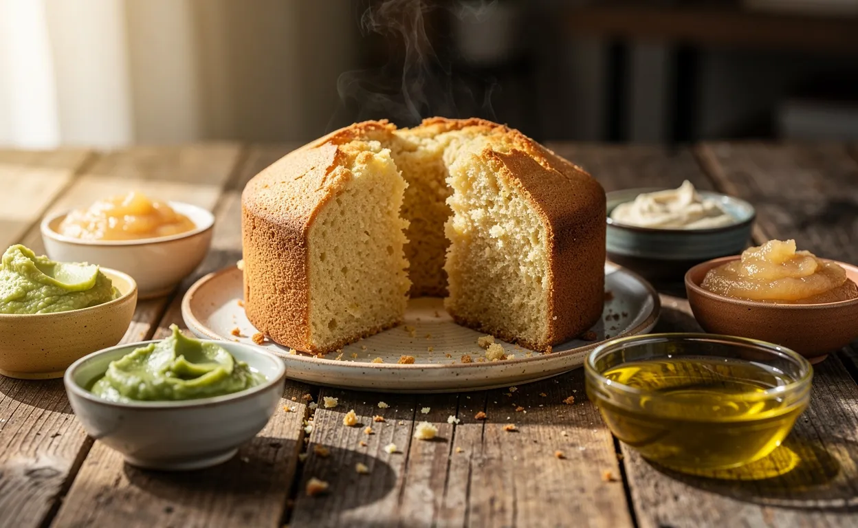 Un gâteau fraîchement coupé repose sur une table en bois avec des coupelles contenant des alternatives colorées au beurre comme l’avocat, la compote de pommes et l’huile d’olive.