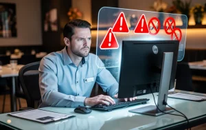 Un gérant de restaurant inquiet est assis devant un ordinateur moderne, entouré d’icônes holographiques de signes d’avertissement rouges et d’erreurs barrées.