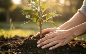Un jeune litchi est planté dans une terre fertile et éclairé par une lumière dorée, avec des mains prenant soin de lui et de petits bourgeons visibles.