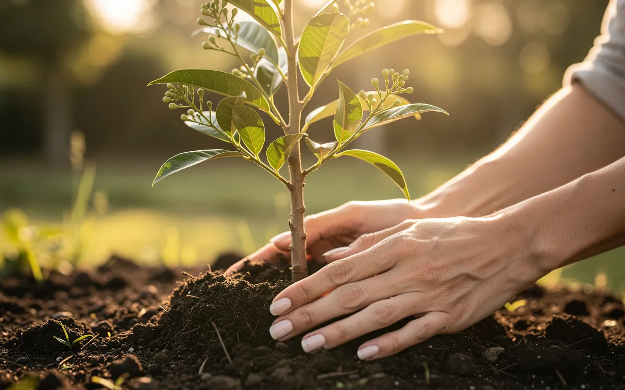 Un jeune litchi est planté dans une terre fertile et éclairé par une lumière dorée, avec des mains prenant soin de lui et de petits bourgeons visibles.