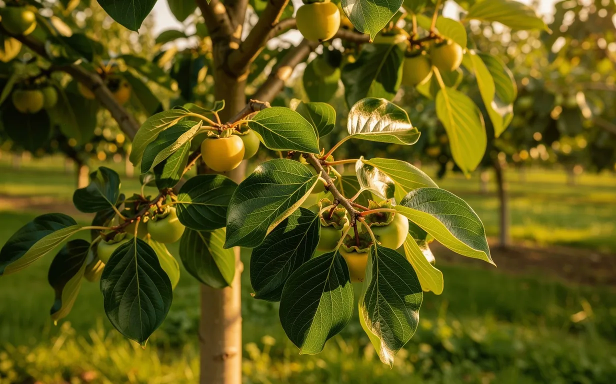 Un jeune plaqueminier porte de petits fruits verts parmi des feuilles lustrées dans un verger baigné d’une douce lumière dorée.