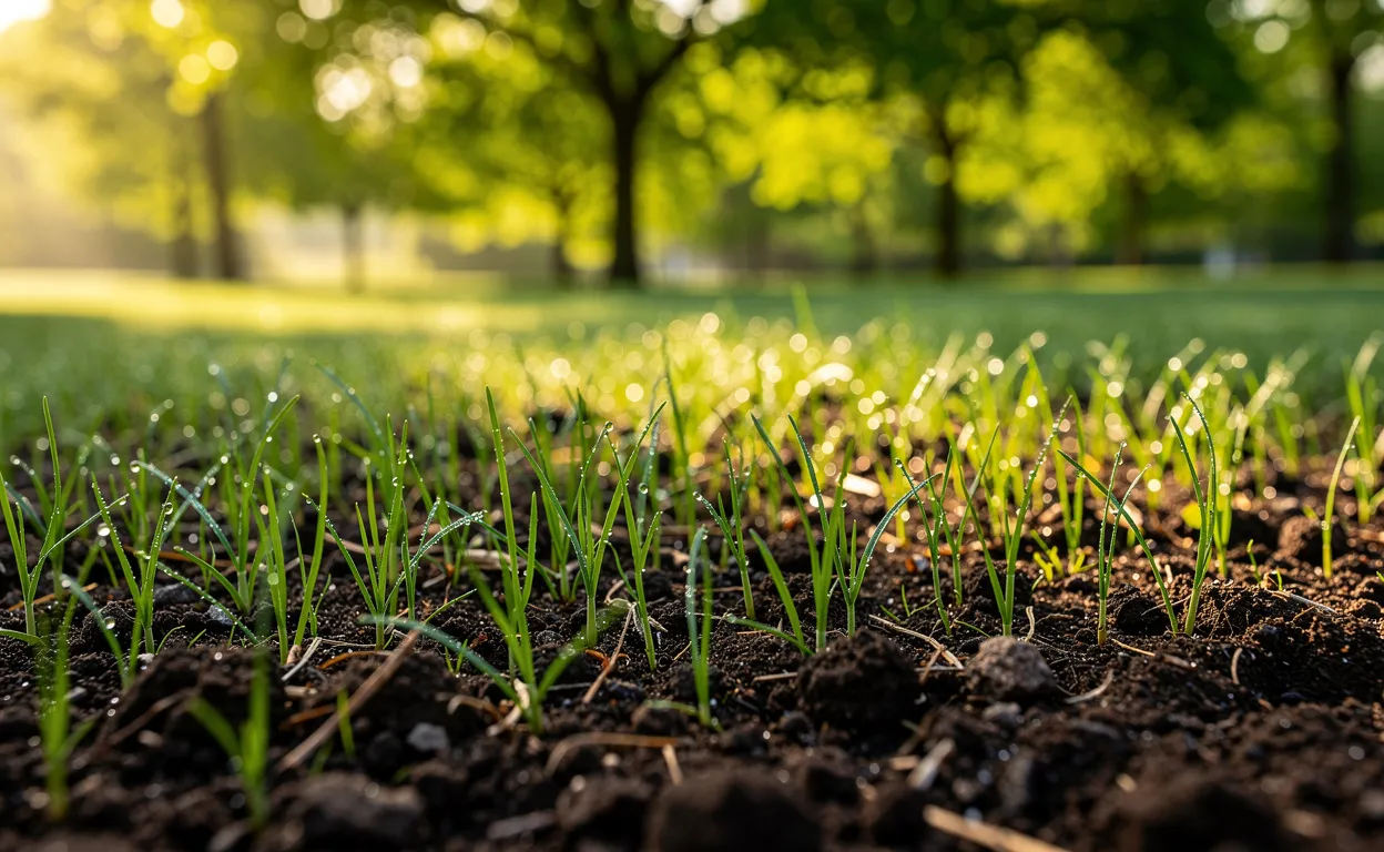Jeune gazon en germination sur une terre sombre sous une lumière matinale filtrée par des arbres verdoyants en arrière-plan.