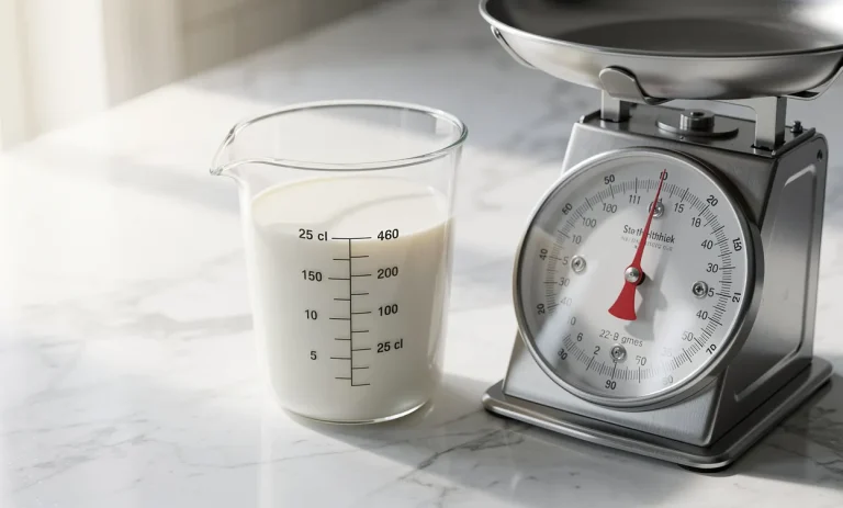 Un verre doseur rempli de 25 cl de lait crémeux est posé à côté d’une balance de cuisine métallique sur un plan de travail en marbre.