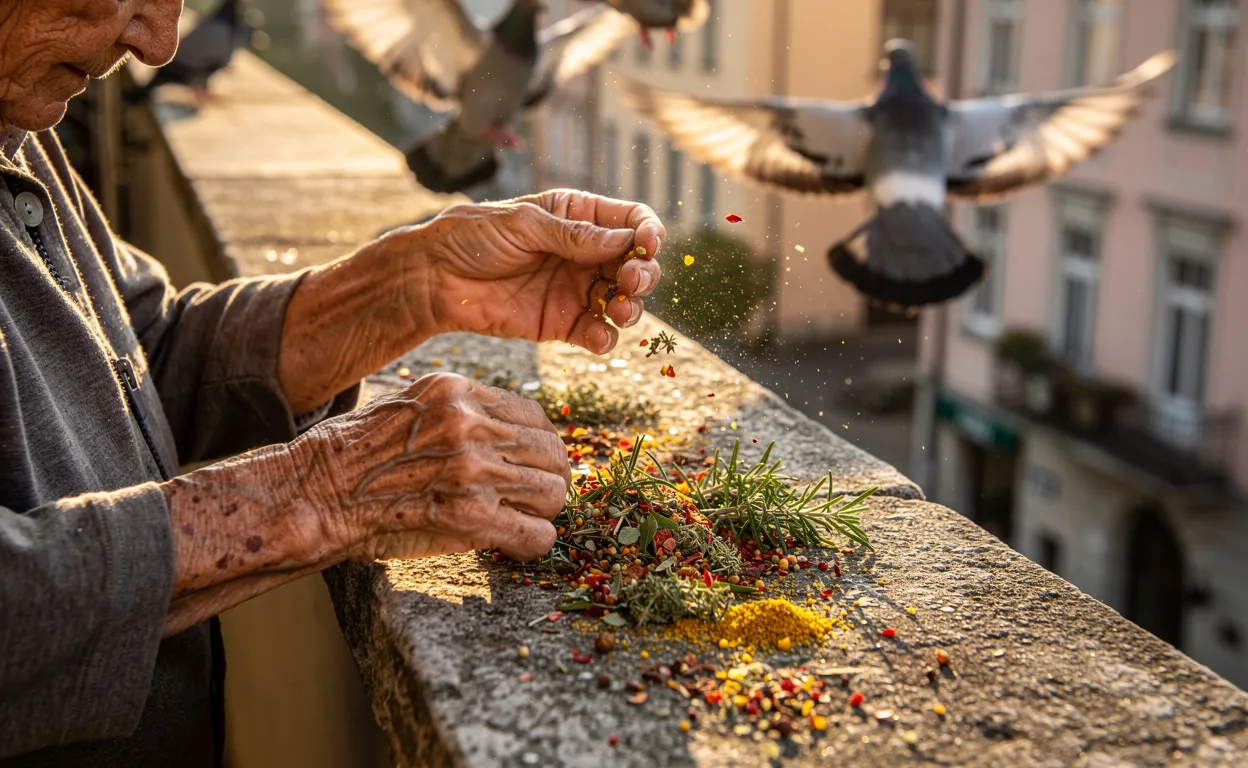 Une femme âgée saupoudre des épices et herbes sur un balcon en pierre pour éloigner les pigeons au lever du jour.