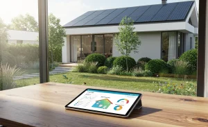 Maison moderne écologique avec panneaux solaires, entourée de verdure, et une tablette affichant une simulation énergétique sur une table en bois.