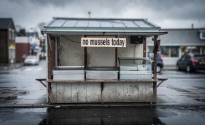 Un stand de marché aux fruits de mer vide avec une pancarte annonçant l'absence de moules, sur un trottoir mouillé sous un ciel printanier nuageux.