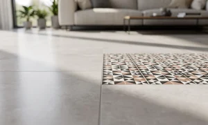Sol de salon moderne où une partie manquante de carrelage est remplacée par un insert géométrique contrastant, éclairé par la lumière naturelle d’une fenêtre.