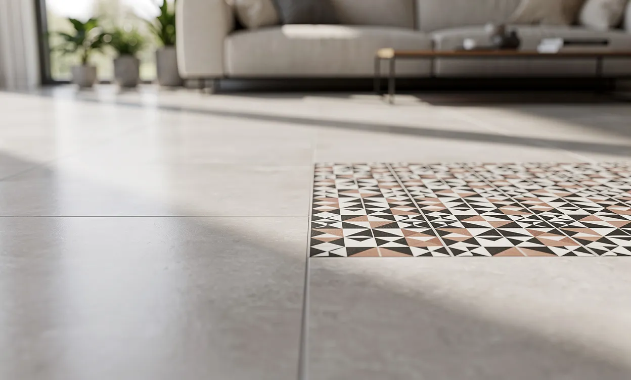 Sol de salon moderne où une partie manquante de carrelage est remplacée par un insert géométrique contrastant, éclairé par la lumière naturelle d’une fenêtre.