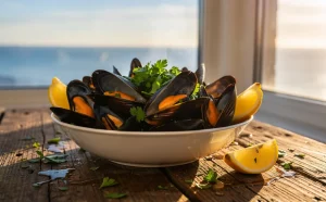 Un bol de moules fumantes garnies de persil et de citron repose sur une table en bois près d’une fenêtre au bord de la mer, éclairé par la lumière du soleil.