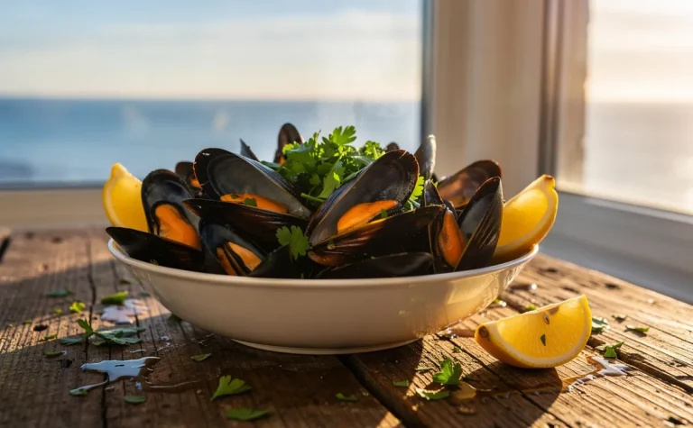 Un bol de moules fumantes garnies de persil et de citron repose sur une table en bois près d’une fenêtre au bord de la mer, éclairé par la lumière du soleil.