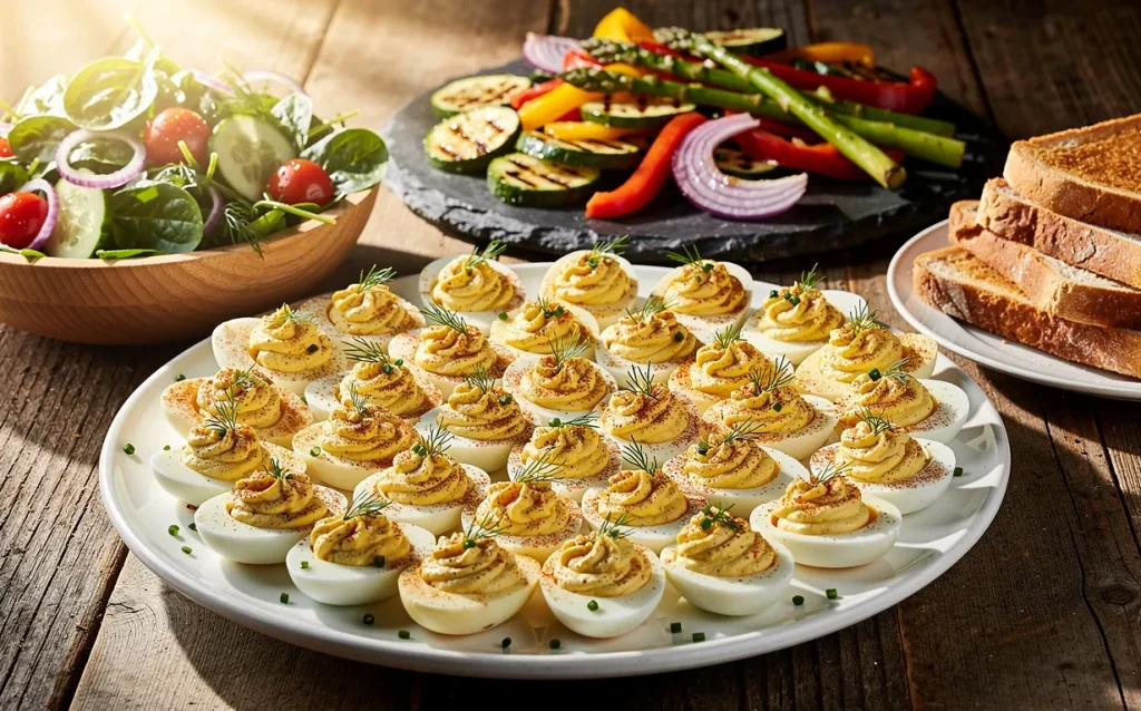 Un plateau d’œufs mimosa entouré de salade verte, de pain grillé et de légumes grillés sur une table rustique éclairée par la lumière du soleil.