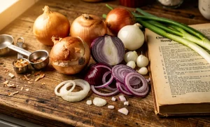 Des oignons entiers et tranchés sont disposés sur un vieux comptoir en bois avec des tasses à mesurer et un livre de recettes éclairés par une lumière naturelle.
