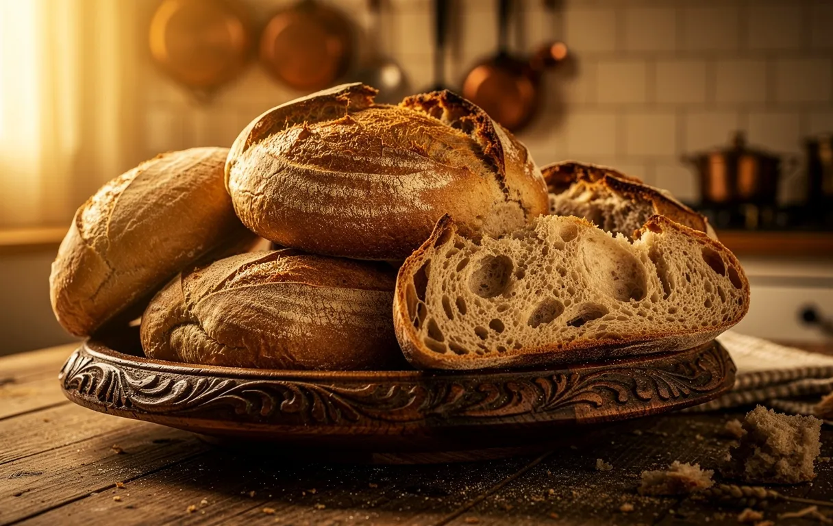 Du pain rustique français empilé sur une assiette en bois orné dans une cuisine ancienne à la lumière tamisée.