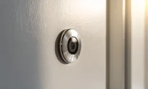 Gros plan sur une porte moderne dotée d’un judas métallique, éclairée par la lumière naturelle et présentant des reflets sur la surface polie.