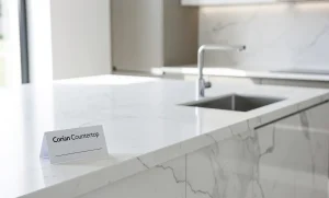 Plan de travail de cuisine en Corian blanc avec évier moderne, éclairé naturellement, affichant une petite étiquette de prix dans un coin.