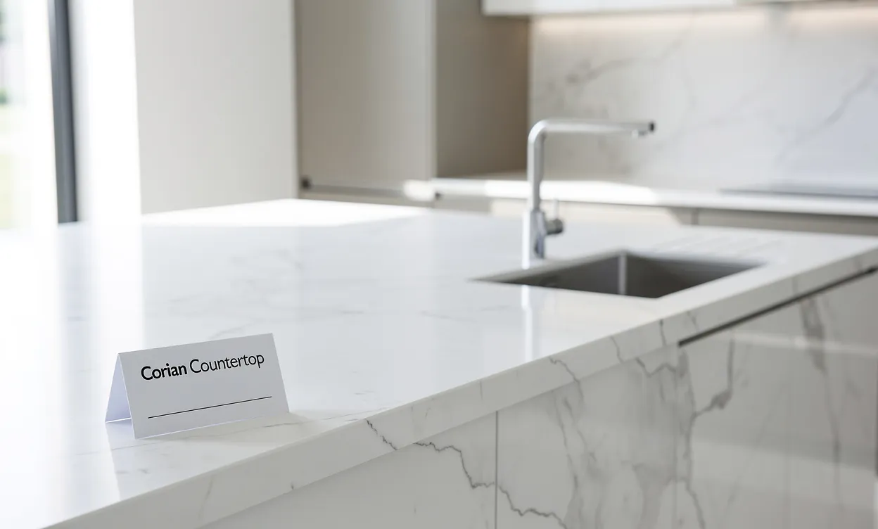 Plan de travail de cuisine en Corian blanc avec évier moderne, éclairé naturellement, affichant une petite étiquette de prix dans un coin.
