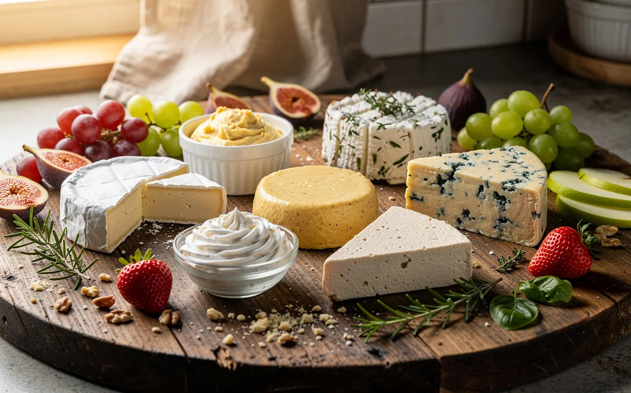 Plateau en bois garni de huit fromages crémeux et alternatives laitières, entourés de fruits frais et d’herbes sous une lumière naturelle.