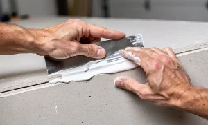 Deux mains appliquent minutieusement de l'enduit sur la jonction de deux plaques de plâtre sans bords amincis.