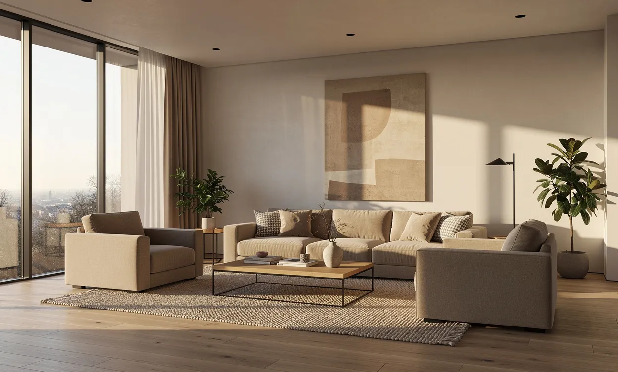 Salon moderne avec des meubles en teinte moka mousse et lumière du soleil traversant de grandes fenêtres, créant des ombres sur des tissus texturés.