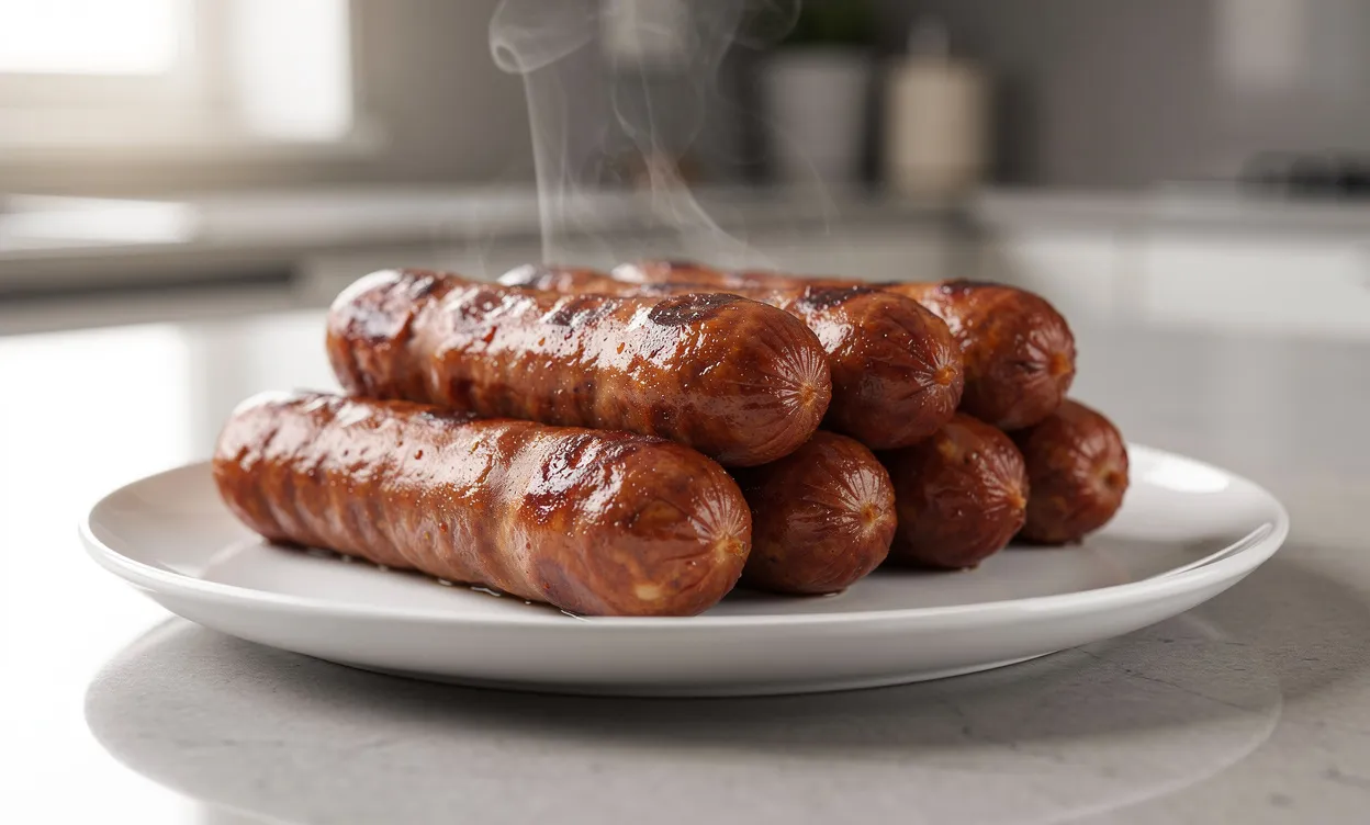 Des saucisses fumées dodues reposent sur une assiette en céramique, dégageant de la vapeur dans une cuisine moderne éclairée doucement.