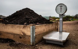 Un grand tas de terreau dans un conteneur en bois est posé à côté d'une balance industrielle en métal, à l'extérieur sous un ciel nuageux.