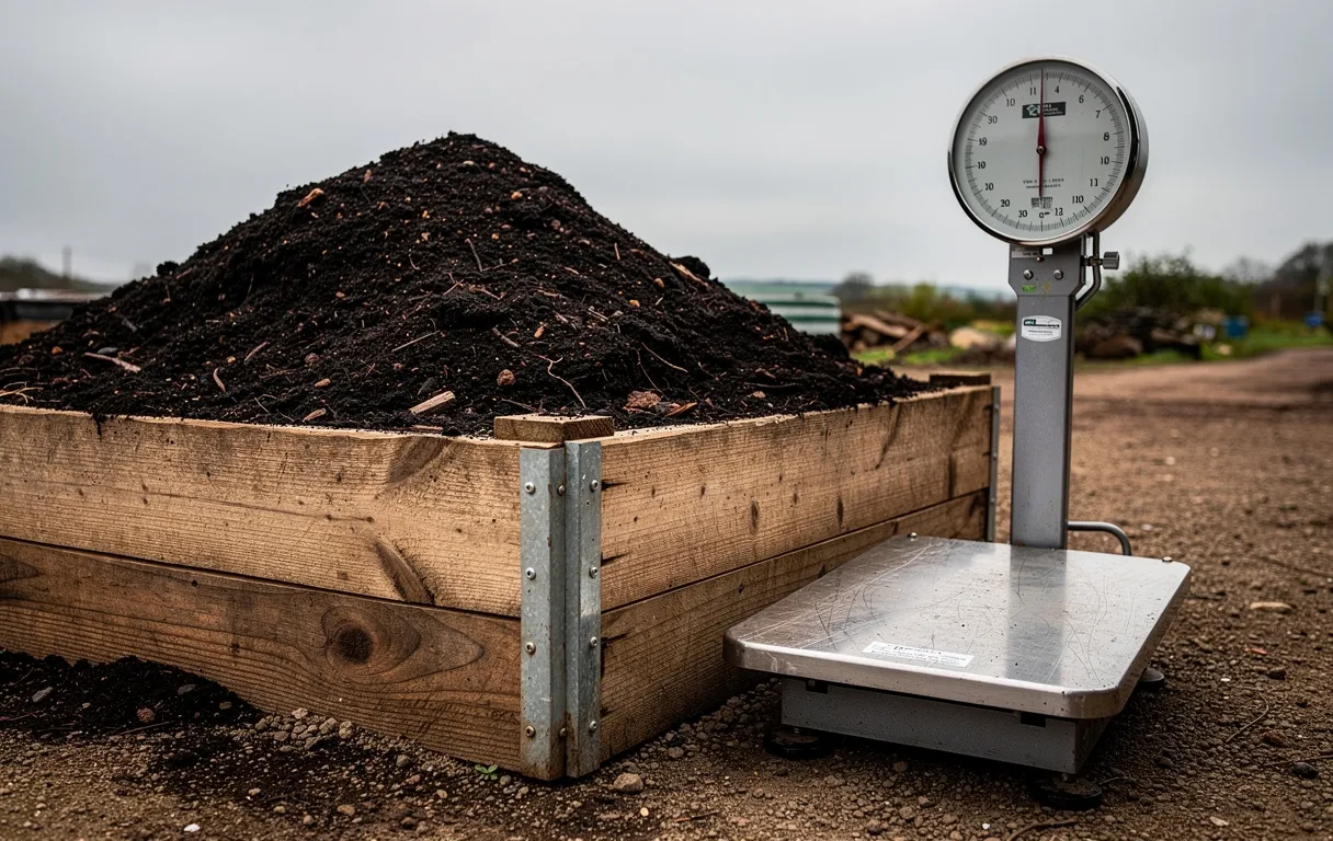 Un grand tas de terreau dans un conteneur en bois est posé à côté d'une balance industrielle en métal, à l'extérieur sous un ciel nuageux.