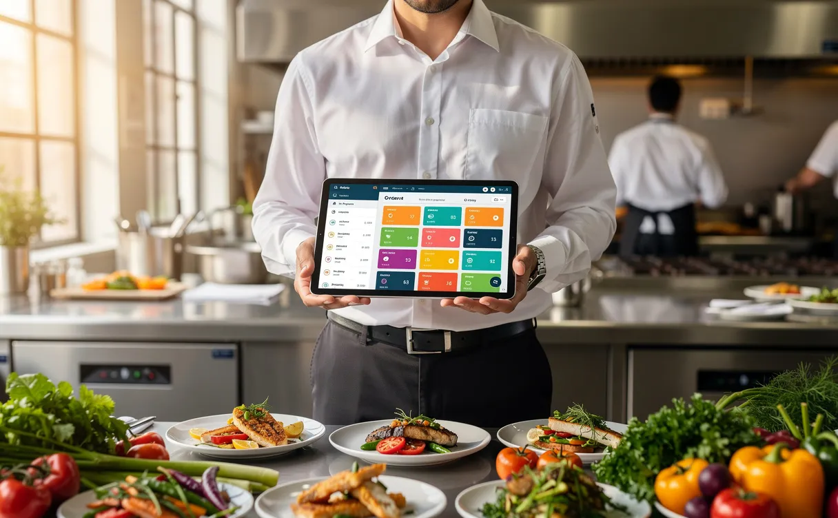 Un gérant de restaurant utilise une tablette pour gérer des commandes de repas colorées sur un tableau numérique dans une cuisine moderne éclairée par la lumière du jour.