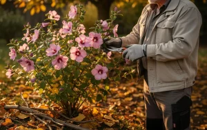 Un jardinier taille les branches d’un althéa en fleurs sous une lumière douce d’automne, avec des feuilles dorées au sol.