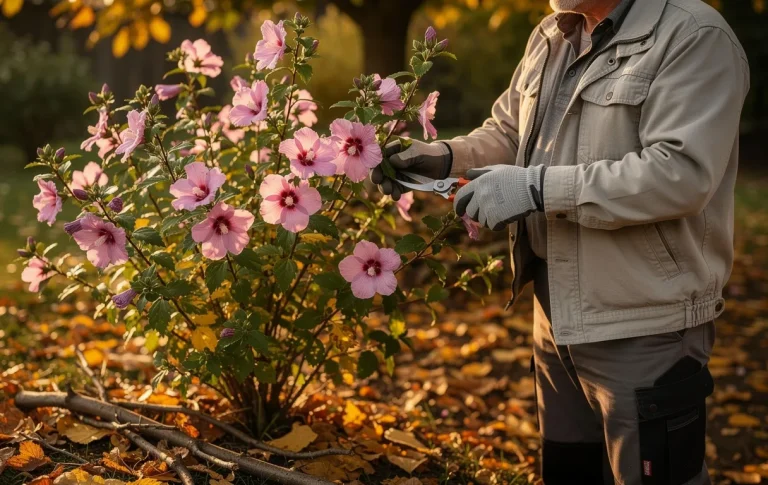 Un jardinier taille les branches d’un althéa en fleurs sous une lumière douce d’automne, avec des feuilles dorées au sol.