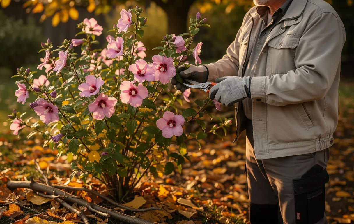 Un jardinier taille les branches d’un althéa en fleurs sous une lumière douce d’automne, avec des feuilles dorées au sol.