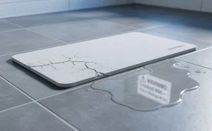 Tapis de bain en diatomite posé sur un sol carrelé moderne avec des fissures visibles, une flaque d’eau et un reflet d’avertissement.