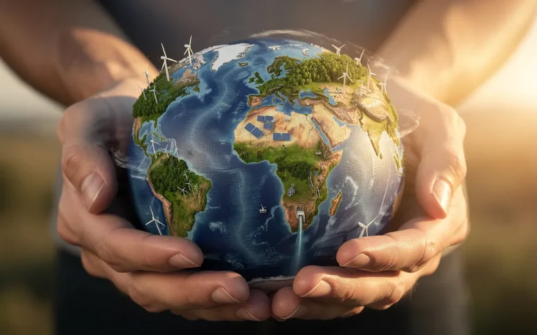 Des mains tiennent la Terre recouverte de forêts verdoyantes et de petites installations d’énergies renouvelables sous une lumière dorée du lever du soleil.