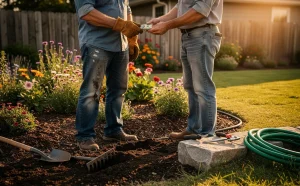 Un jardinier en jeans donne discrètement de l'argent près d'un parterre, entouré d'outils et baigné par la lumière de l'après-midi.