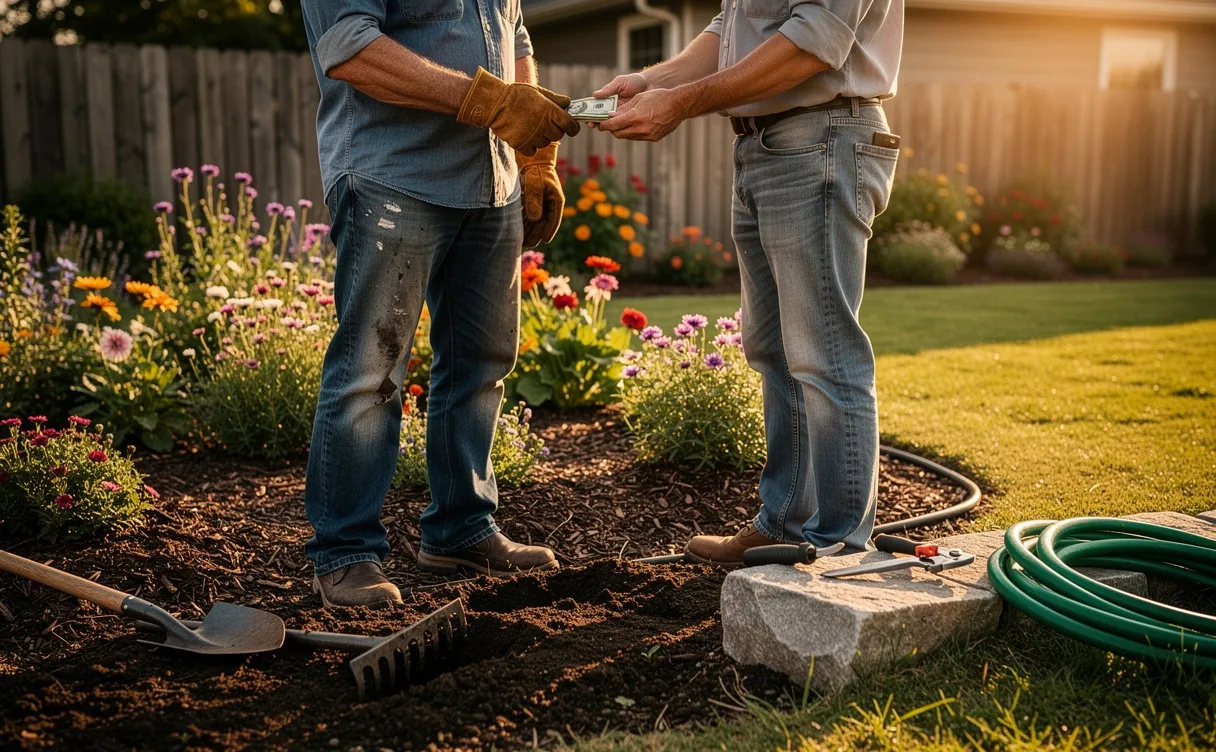 Un jardinier en jeans donne discrètement de l'argent près d'un parterre, entouré d'outils et baigné par la lumière de l'après-midi.