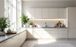 Une cuisine moderne éclairée par la lumière naturelle, avec nouveaux poignées de placard, couleur de mur et luminaires, tandis que le mobilier principal reste identique.