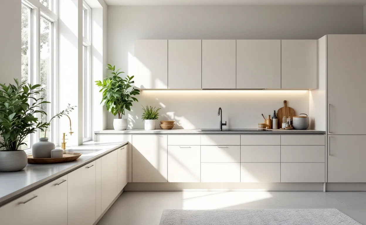 Une cuisine moderne éclairée par la lumière naturelle, avec nouveaux poignées de placard, couleur de mur et luminaires, tandis que le mobilier principal reste identique.