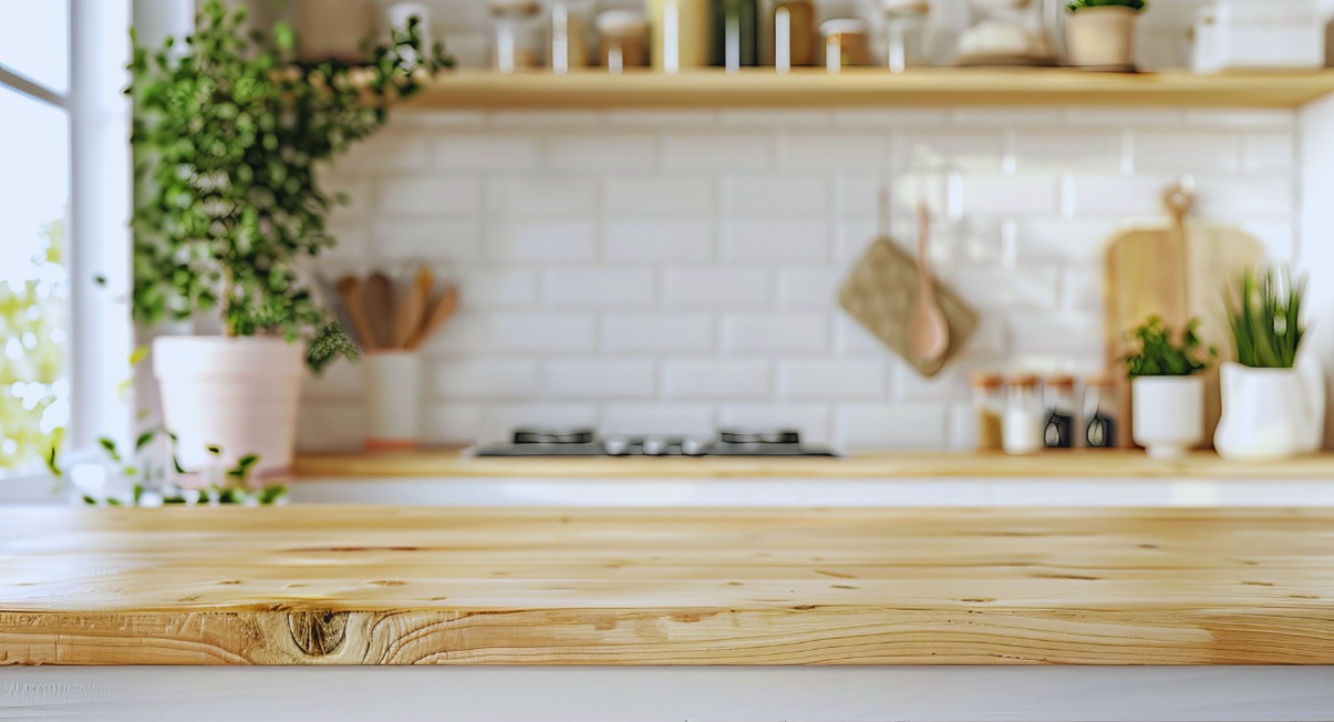Petite cuisine lumineuse avec plan de travail en bois carrelage metro blanc et plantes